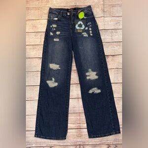 Indigo Rein Dark Blue Distressed Wide Leg Jeans